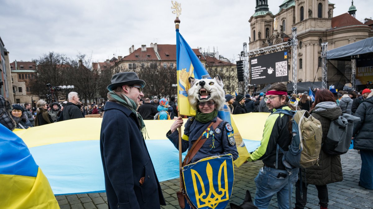 Na Staroměstském náměstí se koná demonstrace na podporu Ukrajiny. (21.2.2026)